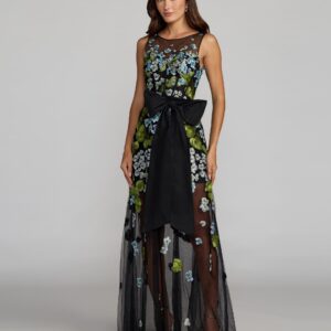 Schwarzes, blumenbesticktes Korsettkleid mit Schleife