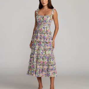 Mehrfarbiges, geblümtes Rüschen-Midikleid in A-Linie aus Baumwolle